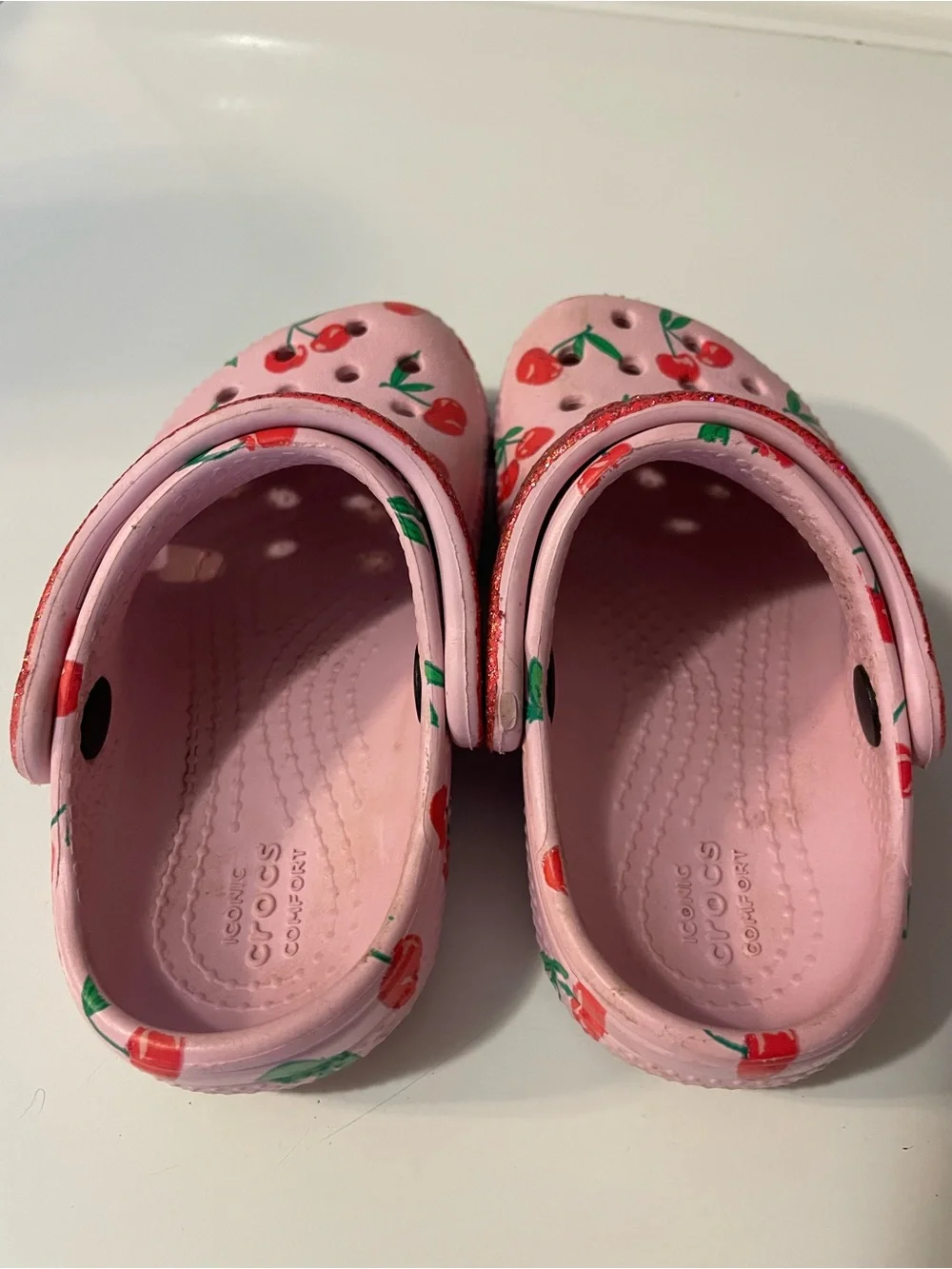 CROCS Kids Pink Clogs with Red Cherry Print and Red Glitter Strap